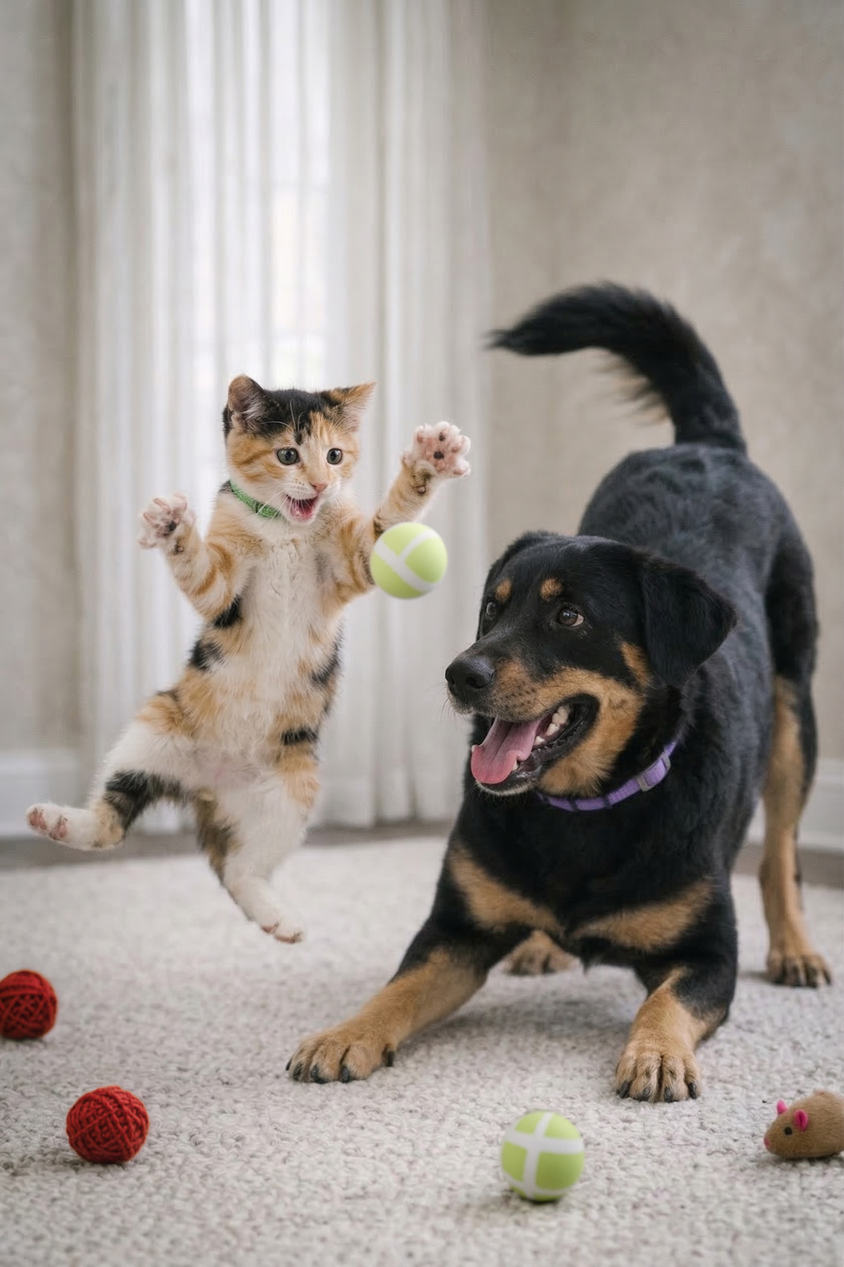 Cat and dog playing